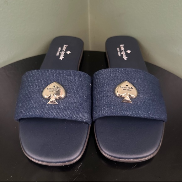 Kate Spade “Kendall” Dark Wash Denim Spade Logo Slide Sandals Size 9.5B - Picture 3 of 8